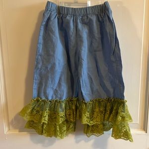 Matilda Jane size 4 blue pants with green Lacey ruffles